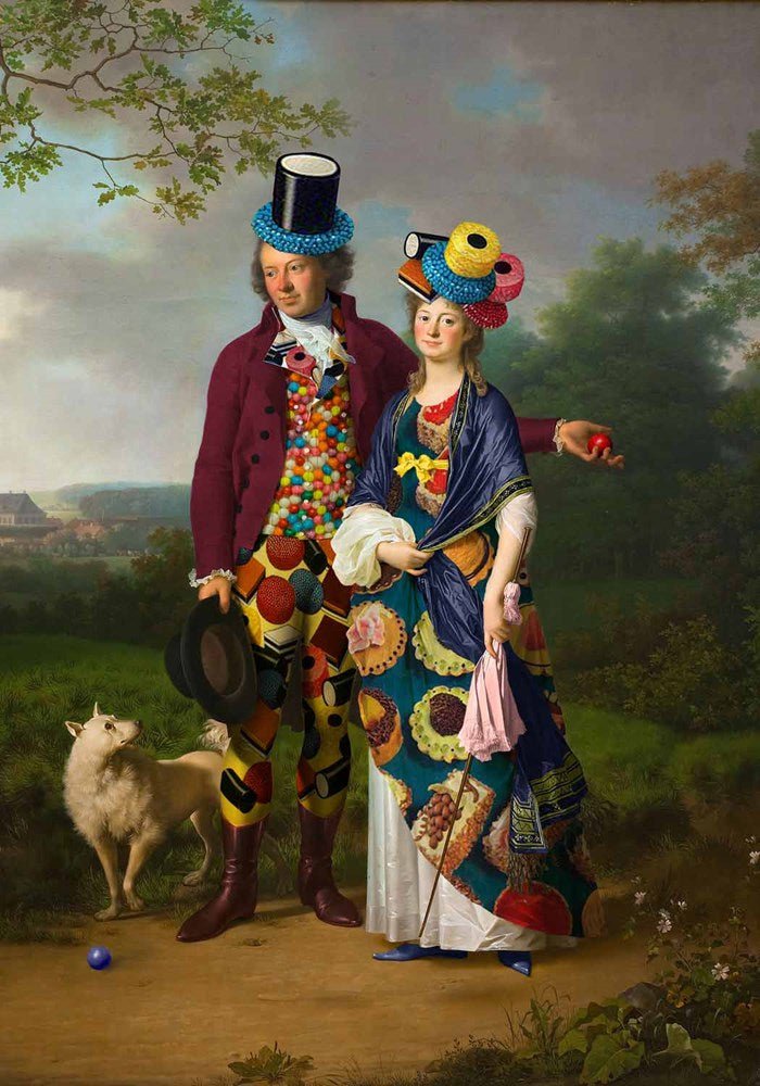 Surrealistic Portrait Giclee Print By Little Fish Design, 17 X 24", Mr & Mrs Teatime 2, Original Artwork