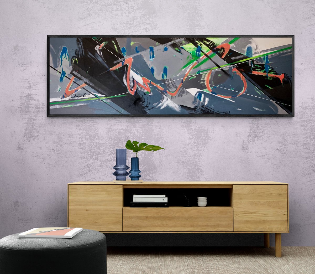 Abstract Acrylic Painting By Yaroslav Yasenev, 69 X 22", Green Space Abstract, Original Artwork