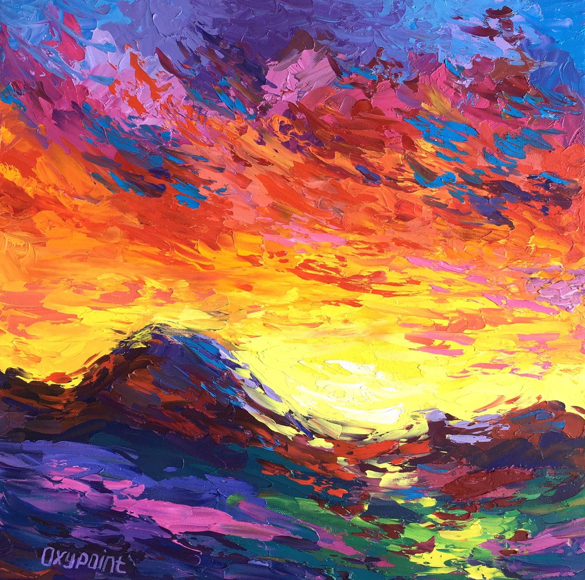 Expressive Landscape Oil Painting By Oxypoint, 16 X 16", "Blazing Sky" Sunset, Original Artwork