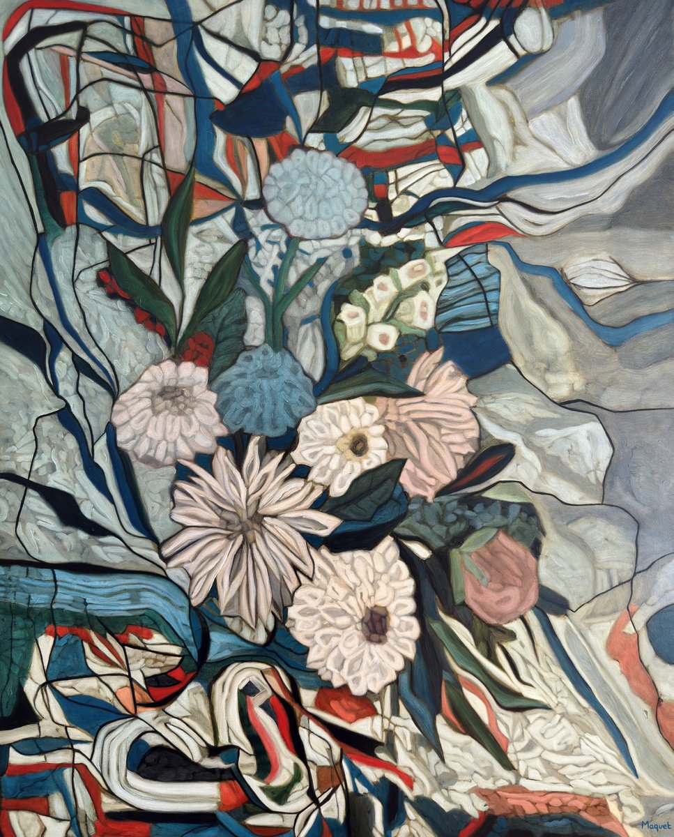 Organic Botanical Oil Painting By Nathalie Maquet, 32 X 39", Bouquet 42, Original Artwork