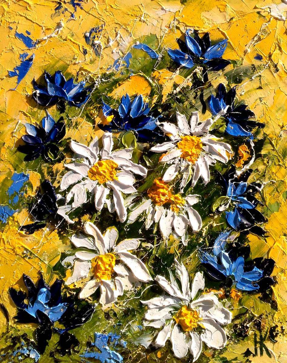 Chamomile Painting Floral Original Art Cornflowers Abstract Meadow Daisy Flowers Impasto P... by Halyna Kirichenko