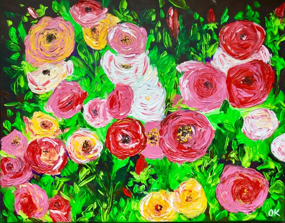 WHITE PINK YELLOW RED  ROSES IN A GARDEN palette knife modern still life  flowers office home decor gift