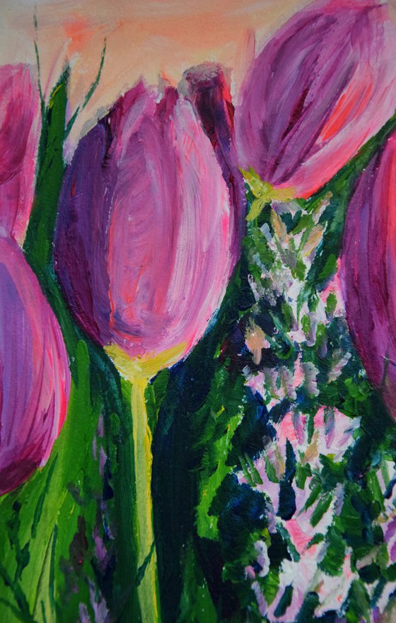 Pink tulips acrylic painting, flower wall art, gift for her