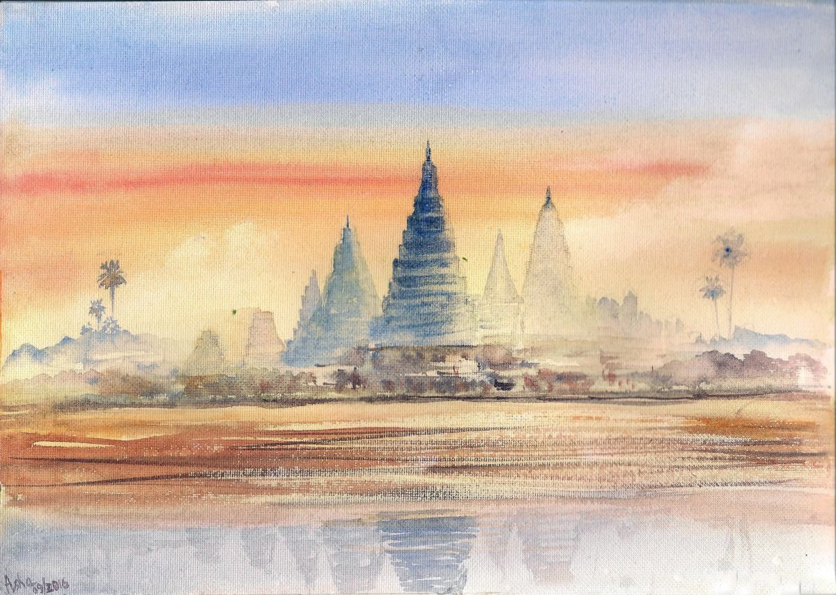 Sunset Landscape Watercolor Temples in the sunset 11.75 x 8.25 inch by Asha Shenoy