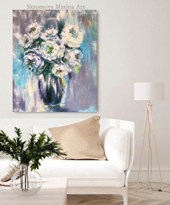 COLD HEART - Blue. Abstract flowers. Lush peonies. Bouquet. White. Freezing. Haze.