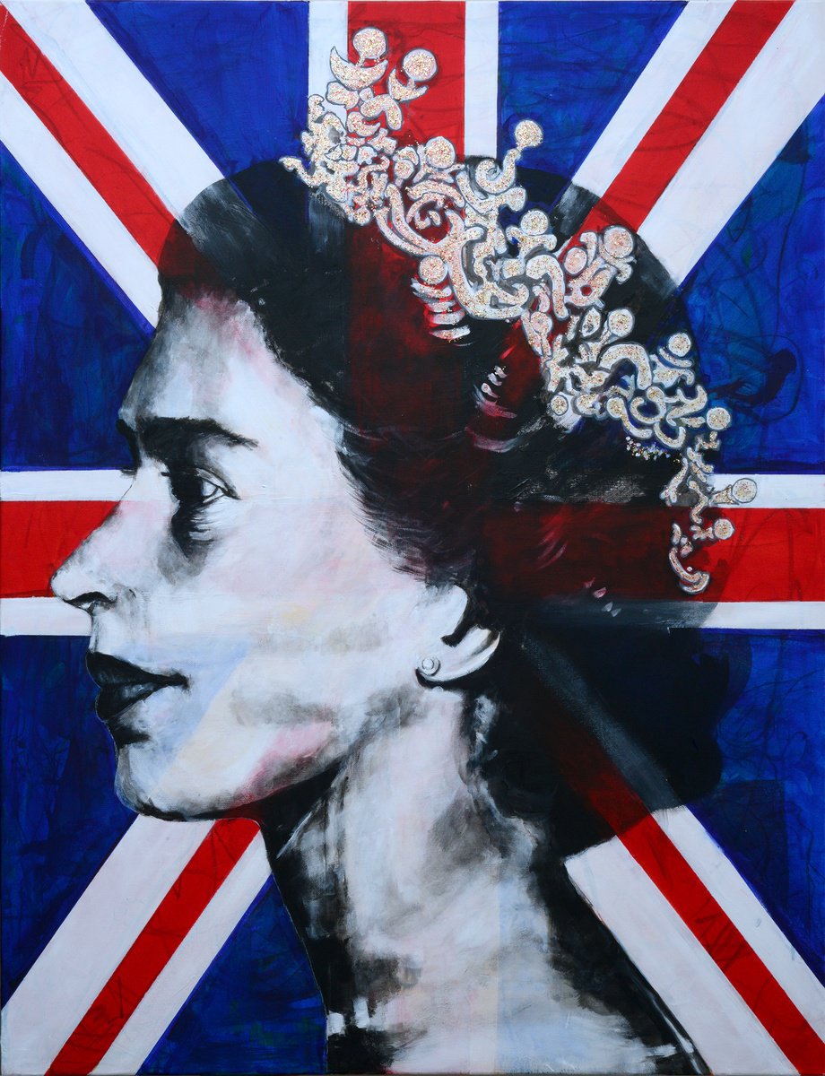 Urban And Pop Portrait Acrylic Painting By Misty Lady - M. Nierobisz, 36 X 48", Queen Elizabeth Ii Union Jack, Original Artwork