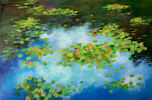 Water lilies pond ! Monet’s water lilies, A3 painting on paper by Amita Dand