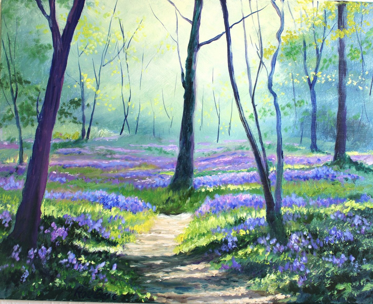 Impressionistic Botanical Oil Painting By Rod Bere, 20 X 16", Bluebell Walk, Original Artwork