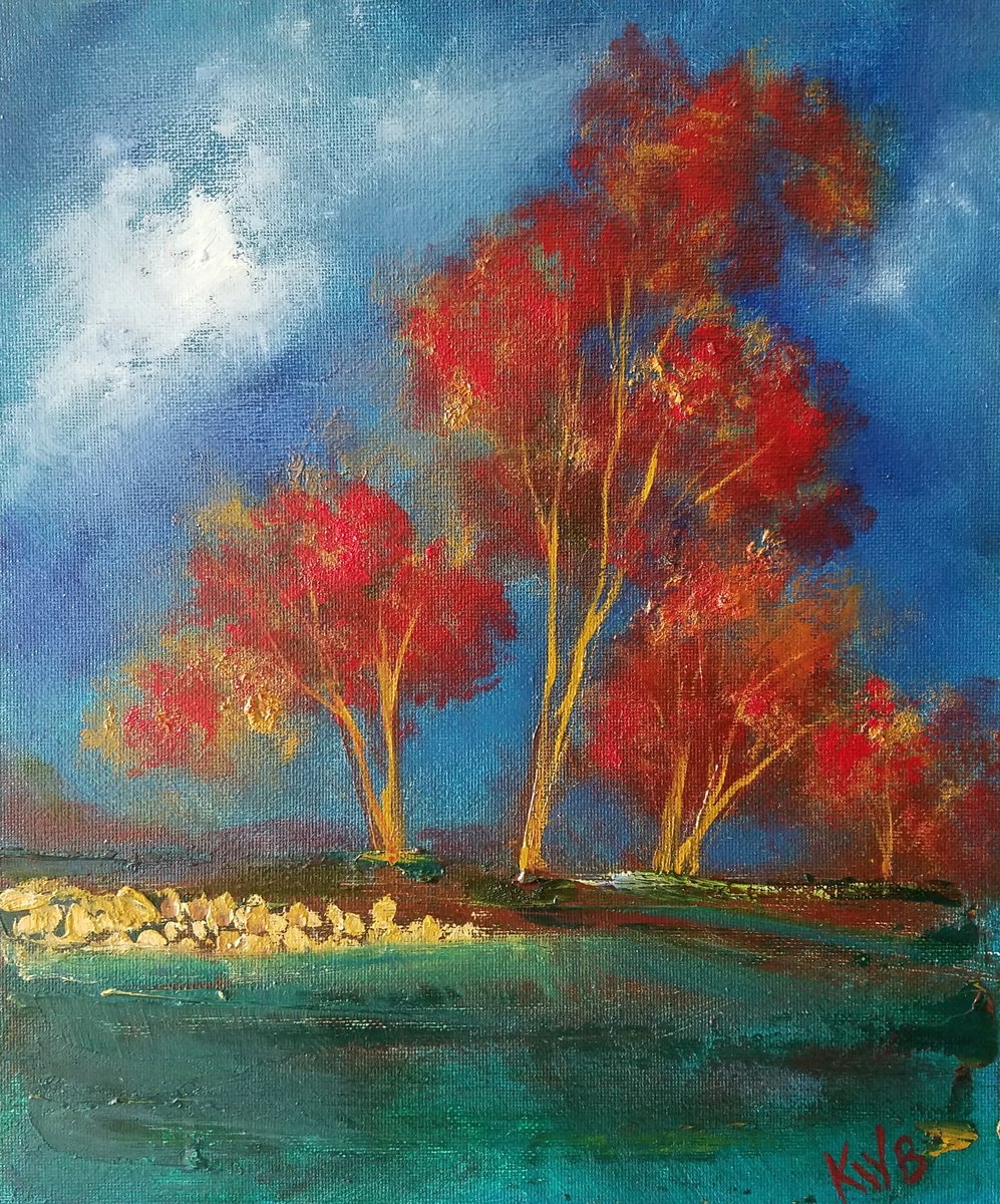 Impressionistic Landscape Oil Painting By Kevin Blake, 10 X 12", Crimson Trees (Study), Original Artwork