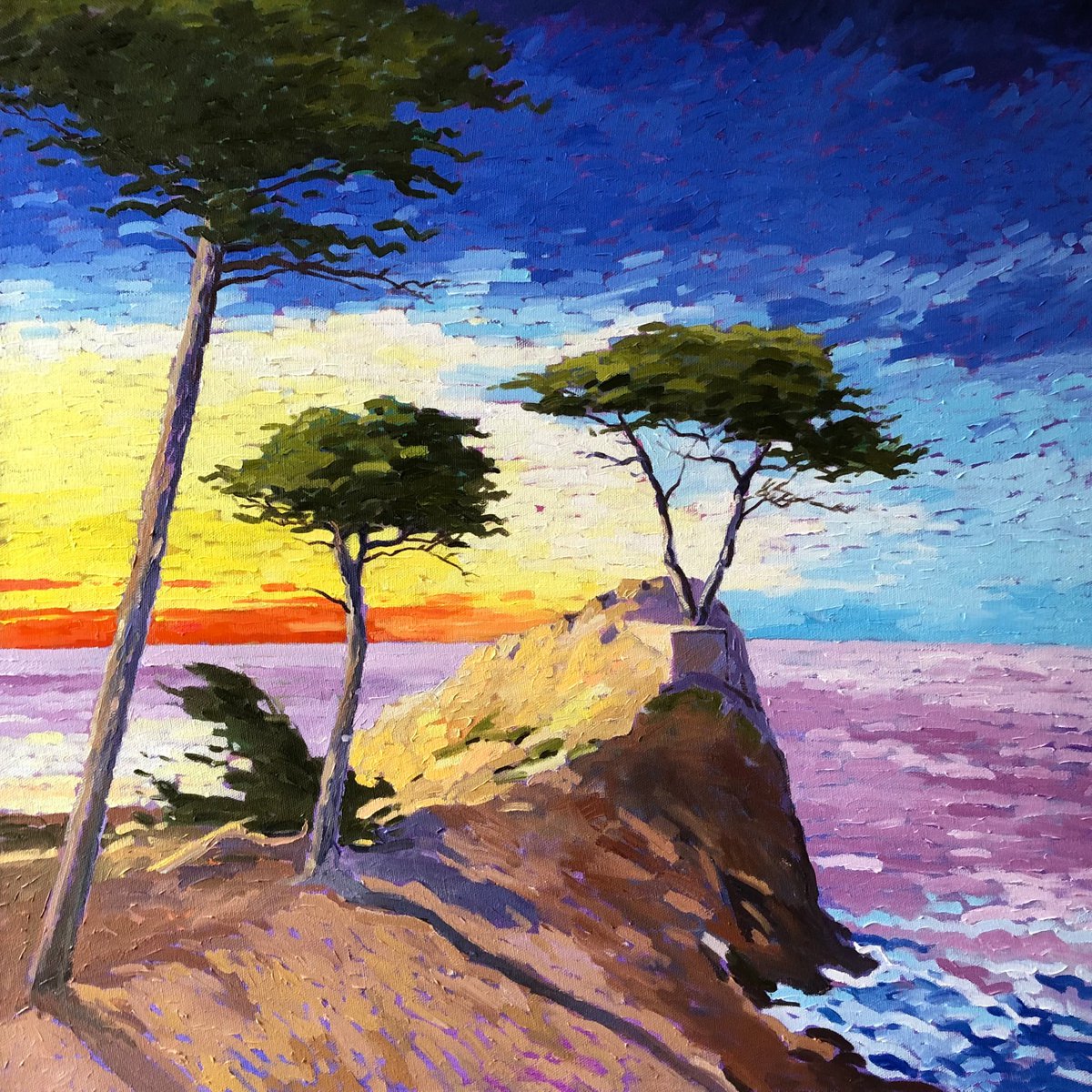 Impressionistic Landscape Oil Painting By Volodymyr Smoliak, 28 X 28", California. Sunset, Original Artwork