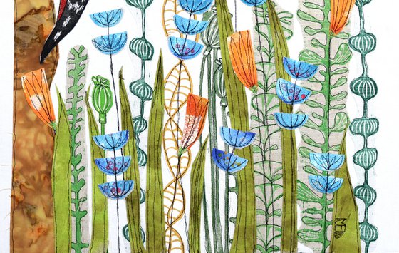 Woodpecker and Flowers