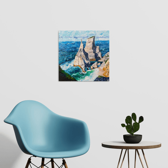 Ocean Original Oil Painting on Canvas, Portugal Landscape Wall Art, Coastal Home Decor