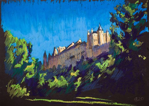 Alcazar de Segovia. Oil pastel painting. Small painting landscape decor travel interior sun gift sky green sunset by Sasha Romm
