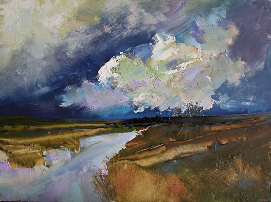 Storm Coming II Landscape, Oil Painting, Sky, Clouds, River.