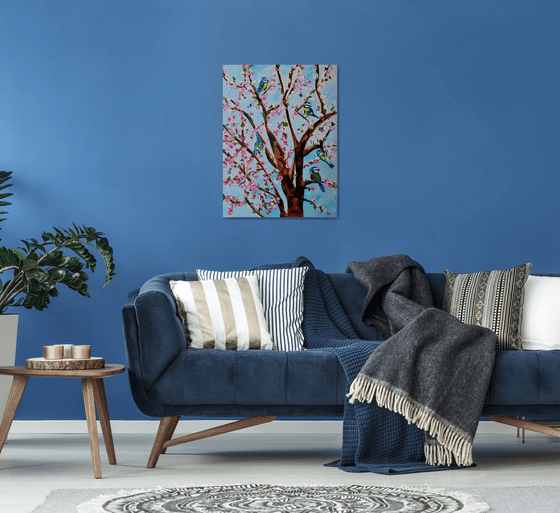 Apple tree in bloom with a flock of blue tits, spring in London, white, pink, turquoise 82 x 61 cm,  ready to hang oil painting