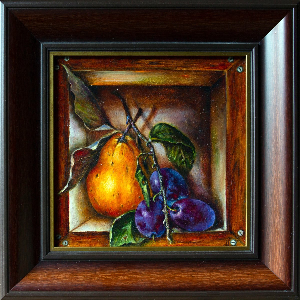 Impressionistic Landscape Oil Painting By Inga Loginova, 4 X 4, A Ripe Pear With A Plum, Original Artwork