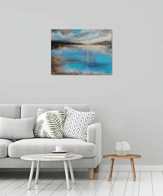 A large semi-abstract beautiful structured mixed media painting of a seascape with the sunrise "A new day" from "Silence" series