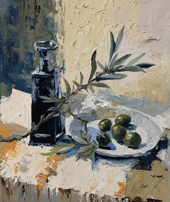 Olive Branch and Olive Oil Bottle.