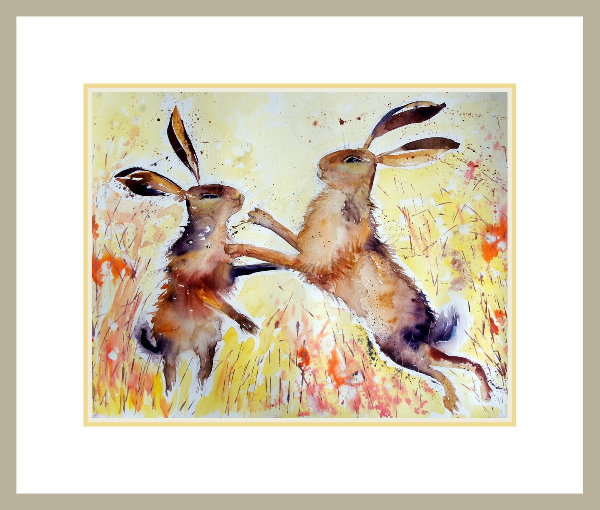 Illustrative Animal Watercolour By Julia Rigby, 24 X 18", Spring Hares, Original Artwork
