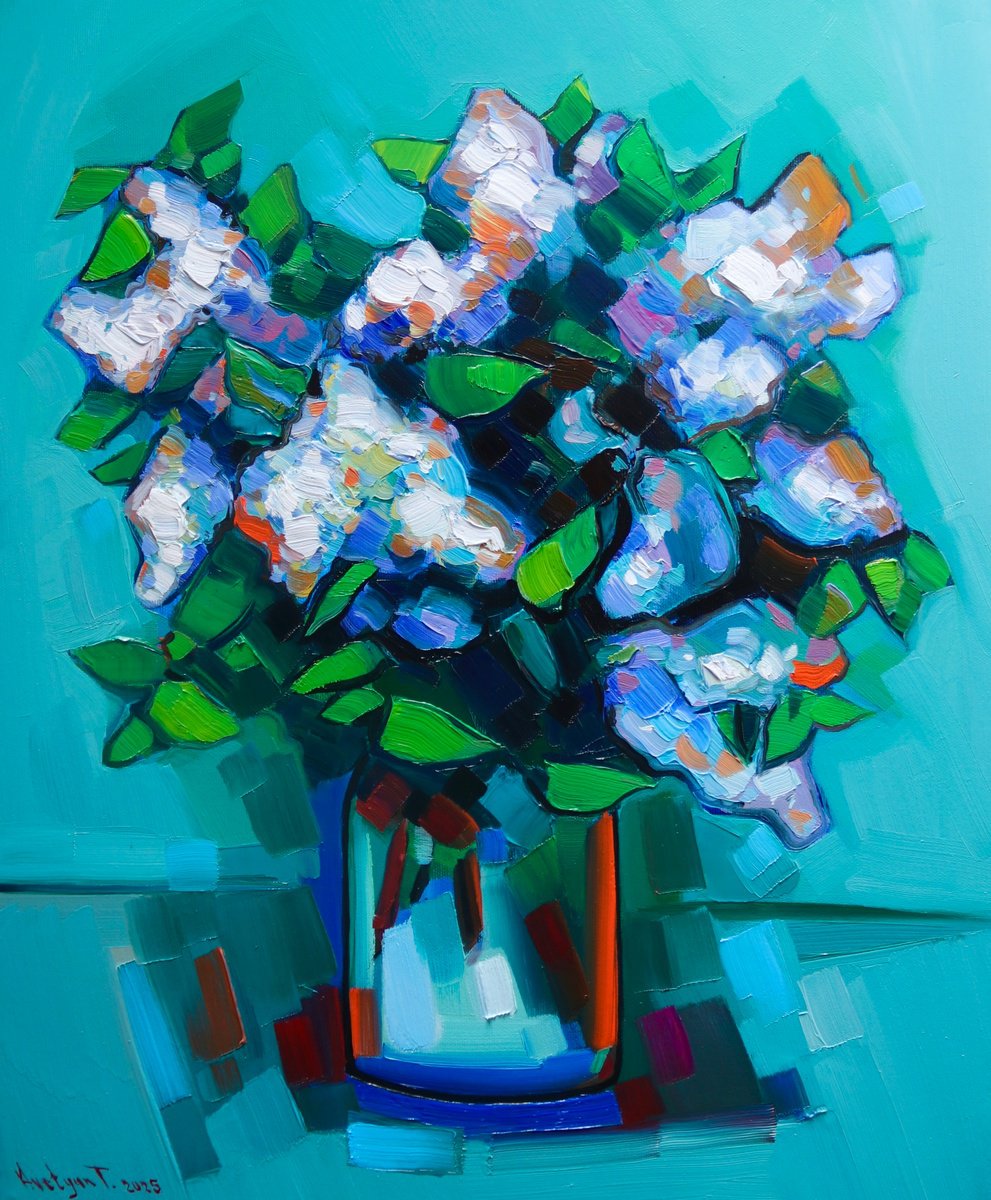 Expressive Still Life Oil Painting By Tigran Avetyan, 18 X 22", Lilac, Original Artwork