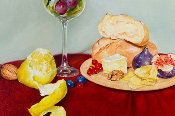 Still life with cheese and plums in the wine glass