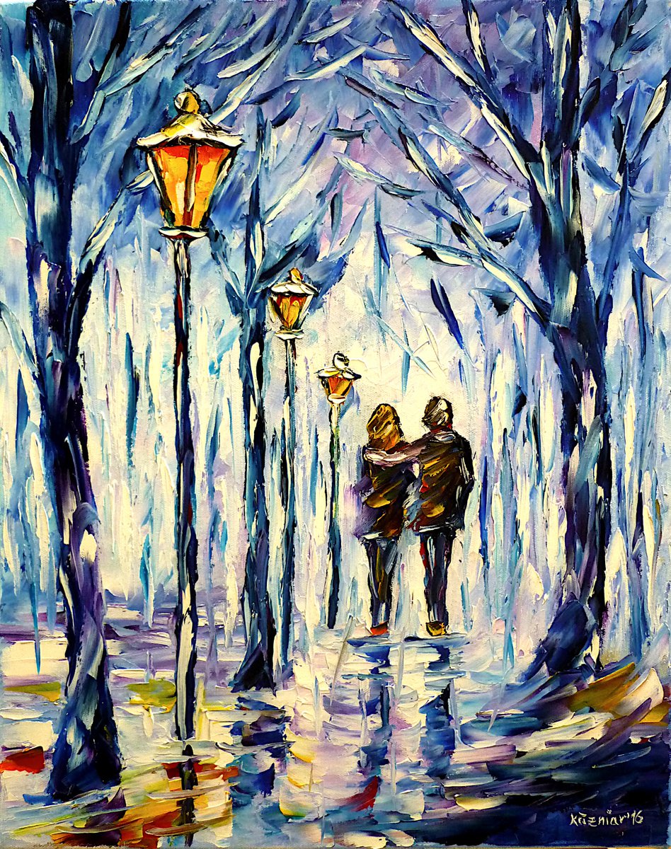 Expressive Landscape Oil Painting By Mirek Kuzniar, 16 X 20", Walk On A Winter Day, Original Artwork