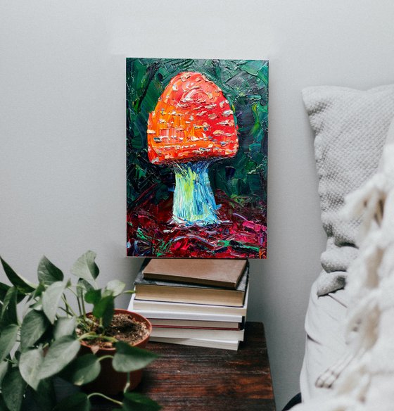Mushroom Original Oil Painting on Canvas, Amanita Textured Wall Art, Fungi Artwork, Cottagecore Decor