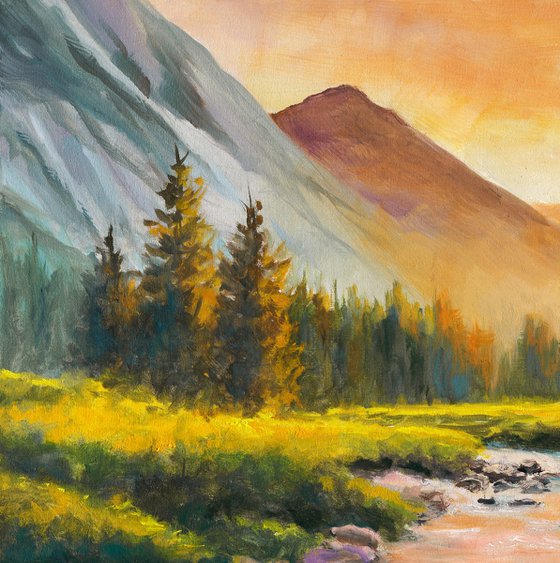 Pine trees by the river sunset