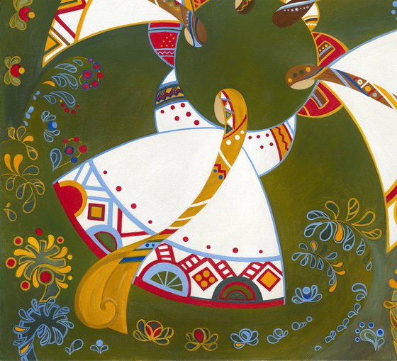 Round dance in the sun-course, russian girls with wite dressess on a green, blooming field