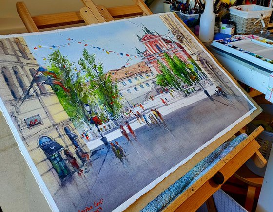 The lively Ljubljana | Original watercolor painting