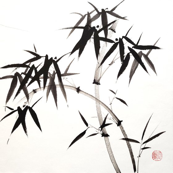 Two intersecting bamboo trunks  - Bamboo series No. 2113 - Oriental Chinese Ink Painting