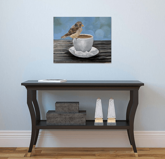 Sparrow on teacup