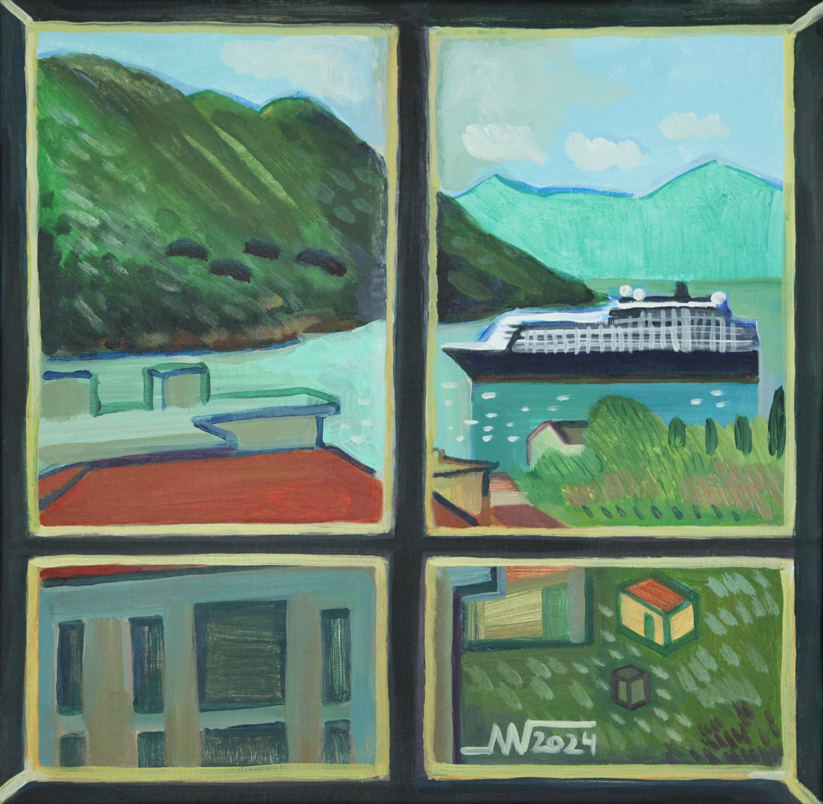 Landscape Acrylic Painting By Marina Gorkaeva, 16 X 16", Window, Original Artwork