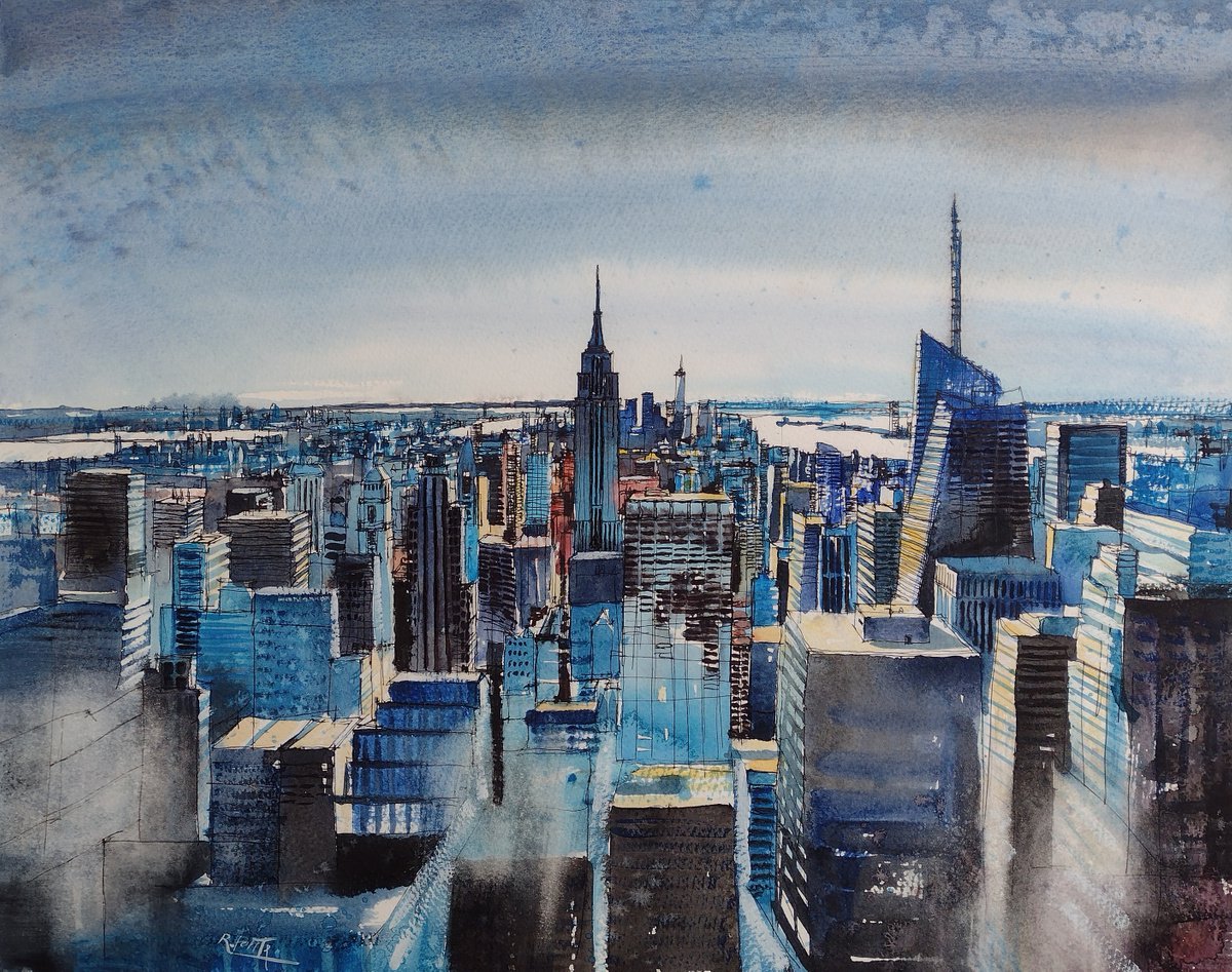 Impressionistic Cityscapes Watercolour By Roberto Ponte, 20 X 17", Manhattan Skyline, New York, Original Artwork