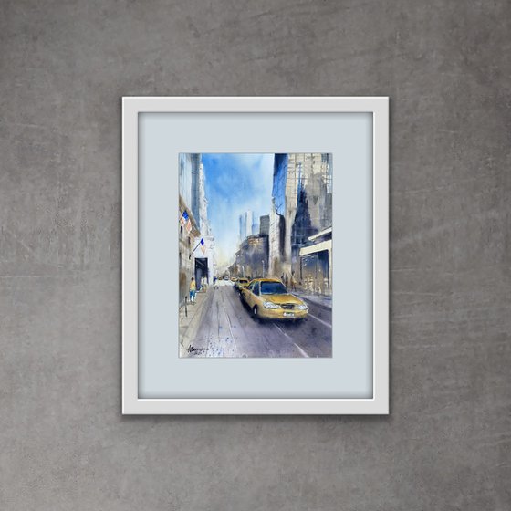 NYC taxi - original watercolor cityscape