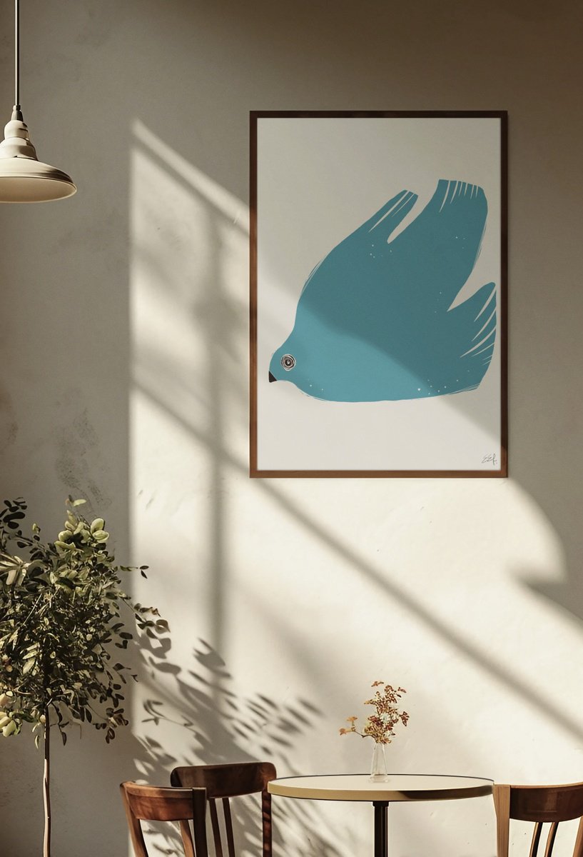 Animal Giclee Print By Emma Evans-Freke, 17 X 23, Birds In Marine Blue, Original Artwork