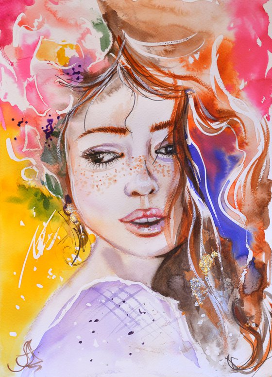 Original watercolor art, Woman portrait