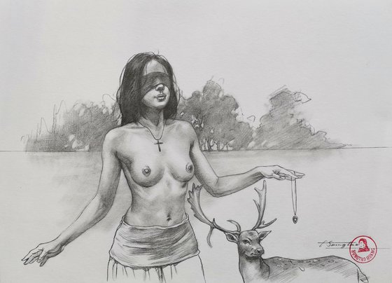 Drawing  Girl and deer #21914