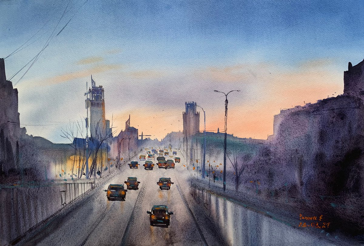 Sunset from the Bridge over the road by Evgenia Panova