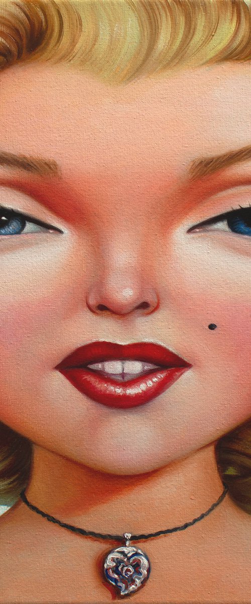 SWEET MARILYN by Yaroslav Sobol (Glamorous Marilyn Monroe Pop Art Painting - Famous Actress and Model with Big Eyes on Blue, Oil Painting) by Yaroslav Sobol