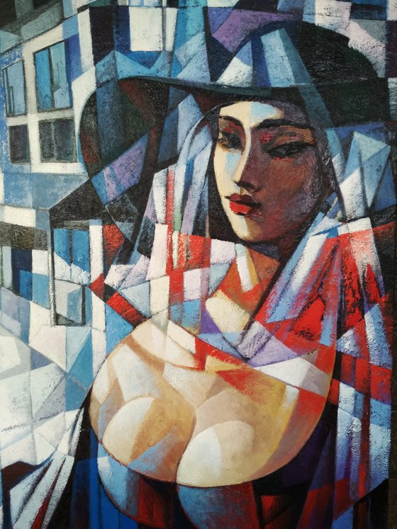 Girl in the hat (60x80cm, cubism, oil painting, ready to hang)