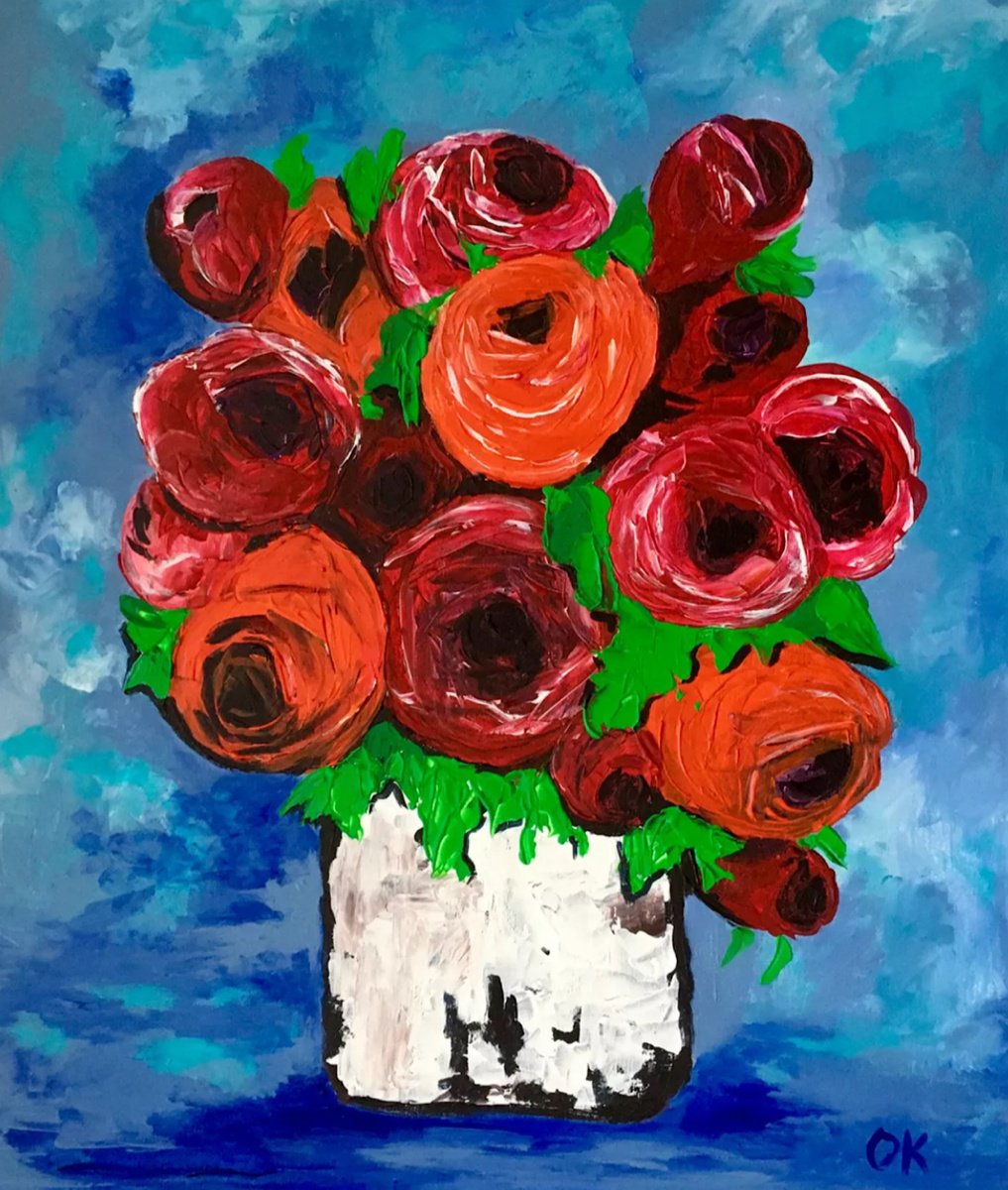 Impressionistic Botanical Acrylic Painting By Olga Koval, 24 X 28", Bouquet Of Red Roses, Original Artwork