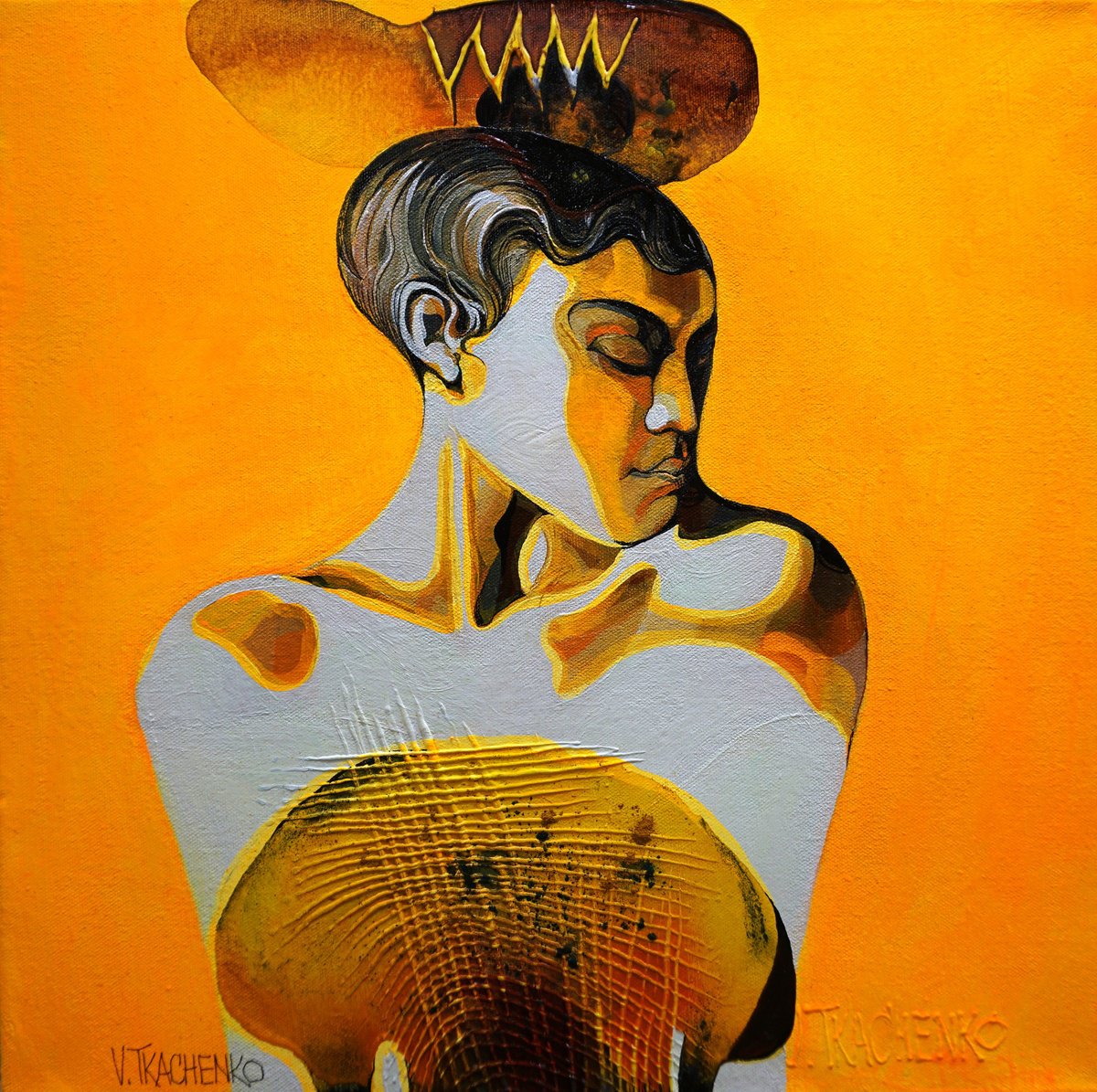 Organic Portrait Acrylic Painting By Victor Tkachenko, 16 X 16", Yellow Breeze, Original Artwork