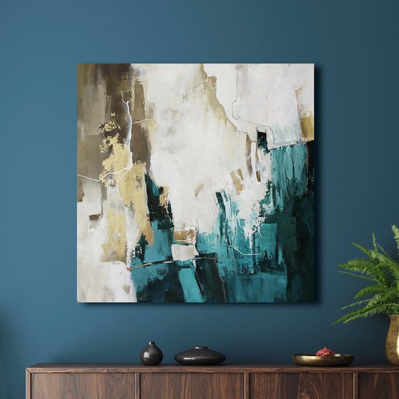 "Teal Flood 2" Teal gold abstract acrylic art