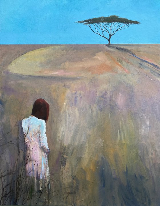 'Figure with Acacia Tree' Large Figurative/Surreal Landscape Oil Painting