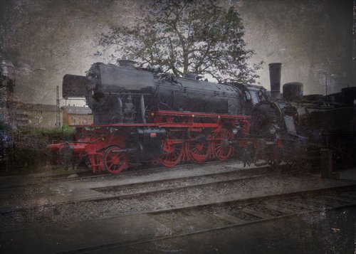 Old steam trains in the depot 6 - print on canvas 60x80x4cm by Kuebler