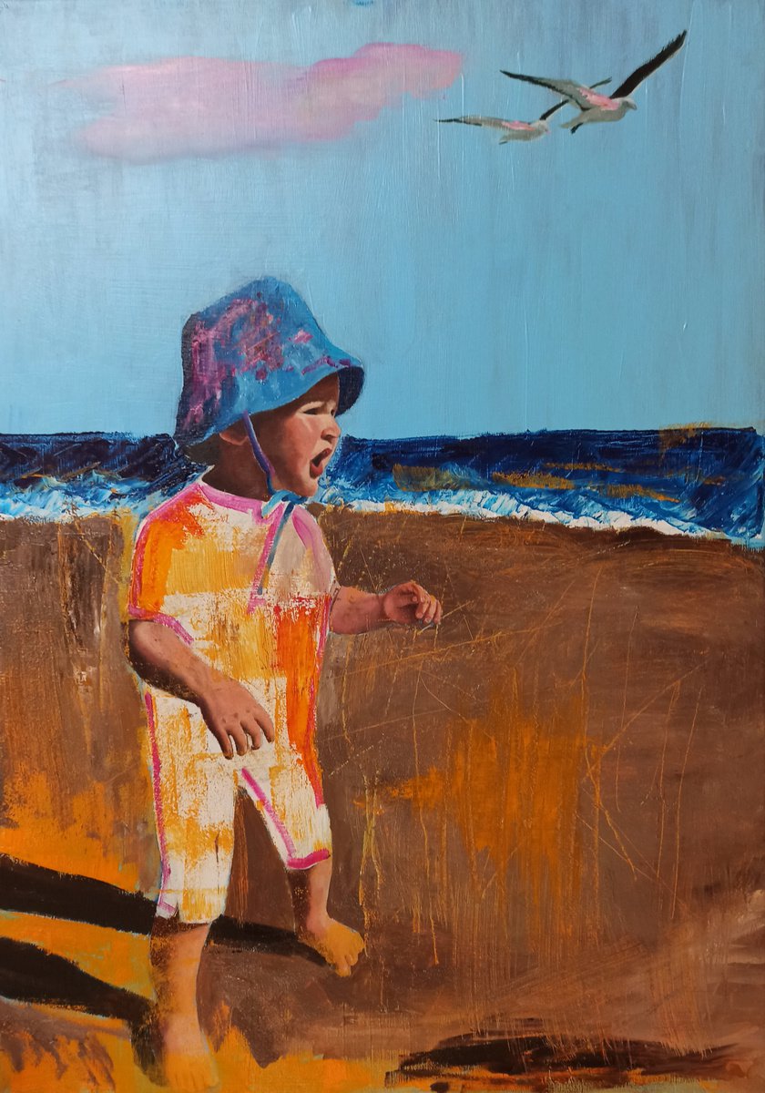 Expressive Portrait Oil Painting By Laura Muolo, 20 X 28", Look! The Sea!, Original Artwork