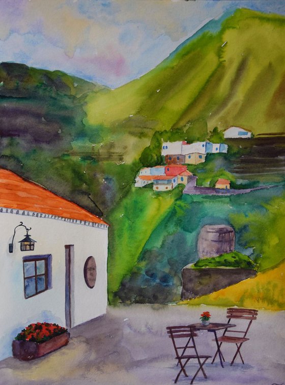 Spanish watercolor painting Cozy cafe in mountain village Masca on Canary Islands