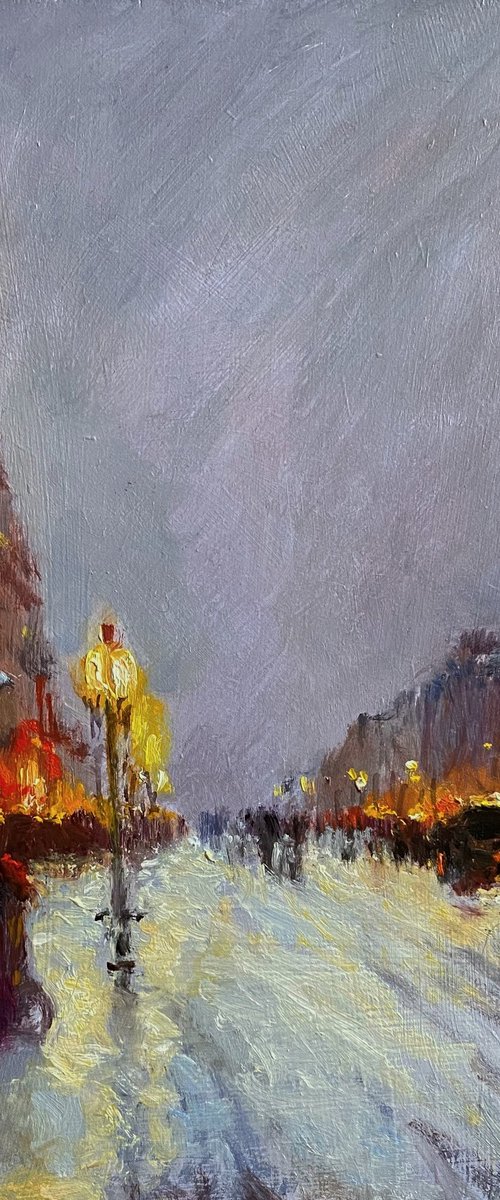 Paris in the snow with the Eiffel Tower. Original Cityscape Oil Painting. by Jackie Smith