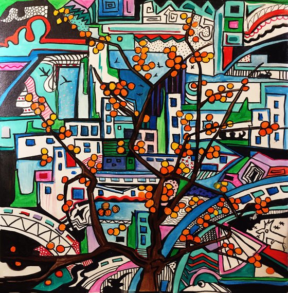 From the persimmon tree - Original acrylic on canvas 60 x 60 ( 24' x 24 ' ) - pop abstraction